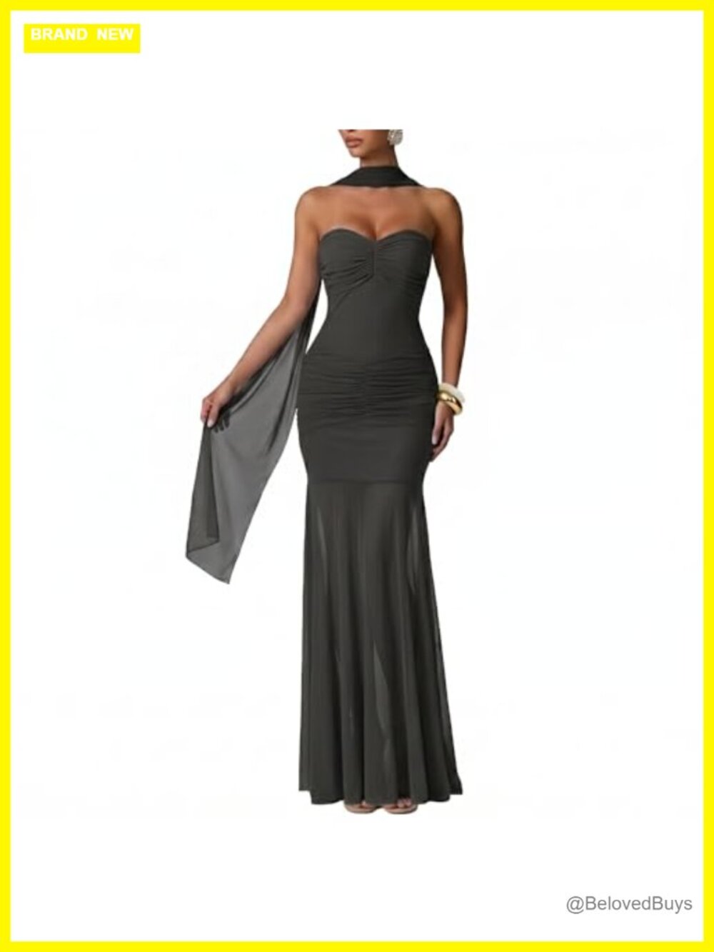 Women's Ruched Bodycon Mermaid Maxi Dress with Neck Scarf